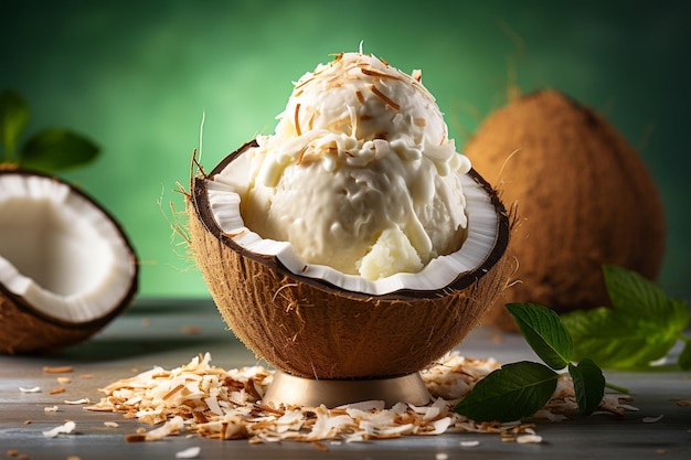 Coconut Ice Cream Served in Half Coconut Shells Generative Ai