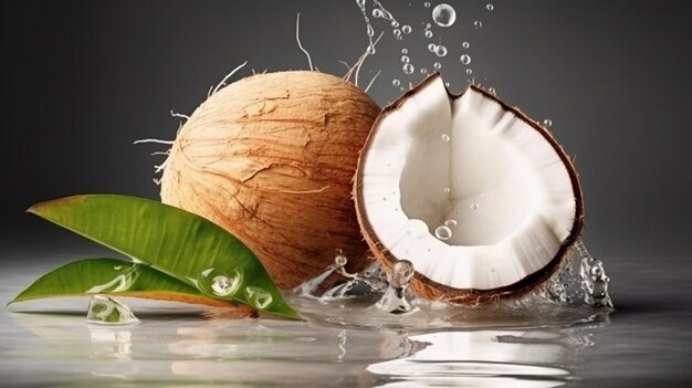 Coconut juice in half fruit with water droplets and leaf isolated on white background Generative AI