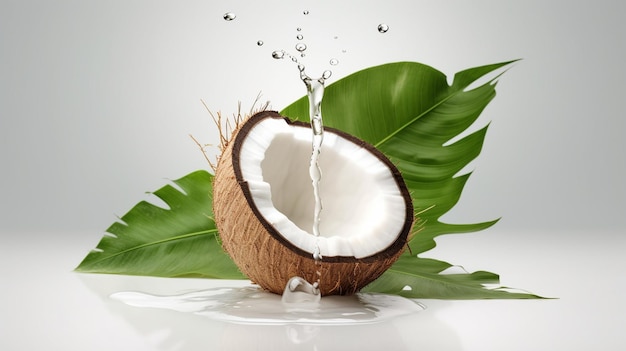 Coconut juice in half fruit with water droplets and leaf isolated on white background Generative AI