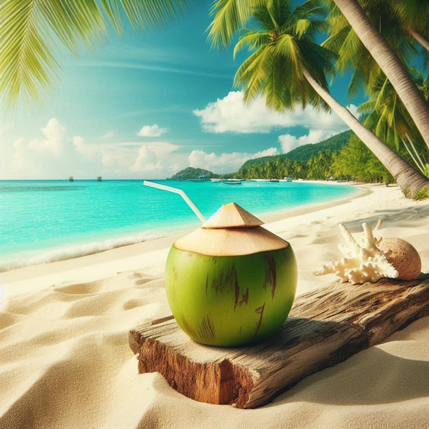 a coconut on a log on a beach with a palm tree in the background