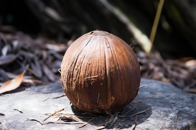 Coconut lying at the base of a tree trunk