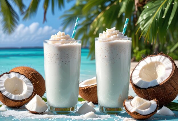 coconut milk and coconut coconuts are on a beach