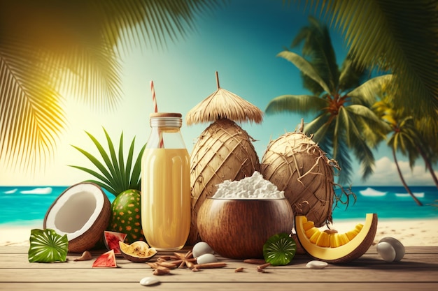 Coconut milk and fruit on wooden table with palm trees background Generative AI