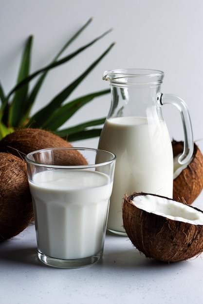 coconut milk in a glass next to coconut milk