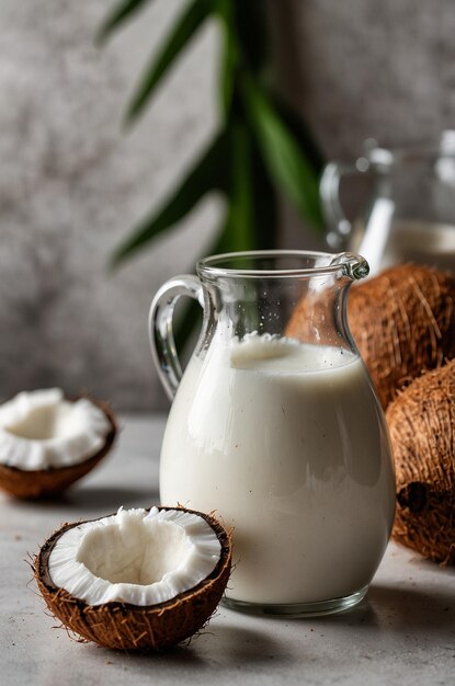 coconut milk in a glass next to coconut milk