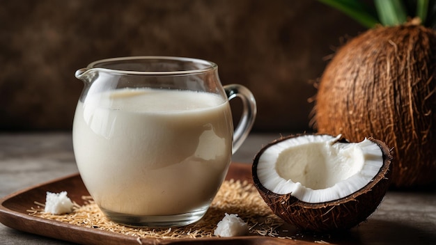 coconut milk in a glass next to coconut milk