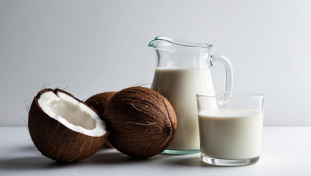 coconut milk in a glass next to coconut milk