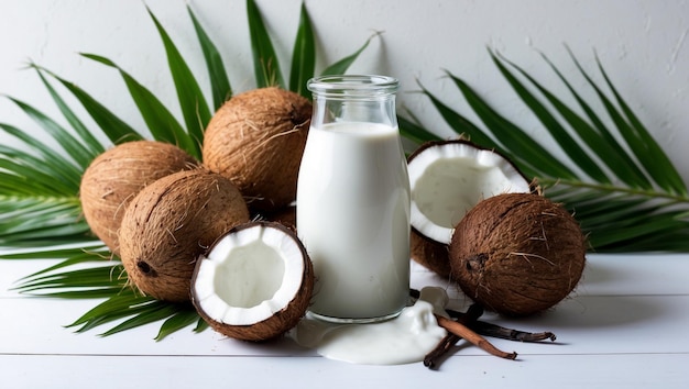 coconut milk in a glass next to coconut milk