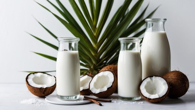 coconut milk in a glass next to coconut milk