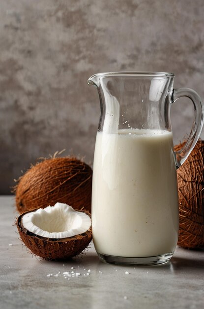 coconut milk in a glass next to coconut milk