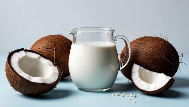 coconut milk in a glass next to coconut milk