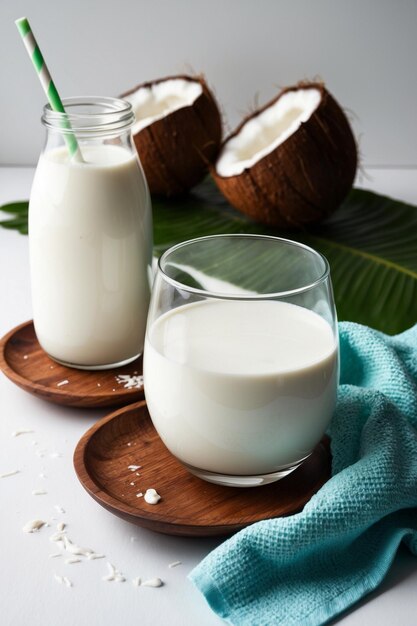 coconut milk in a glass next to coconut milk