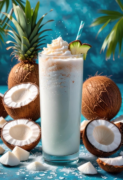 coconut milk is poured into a glass with coconuts and coconuts