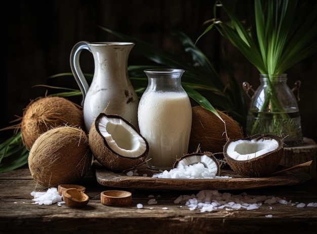 Coconut milk in small transparent bottles