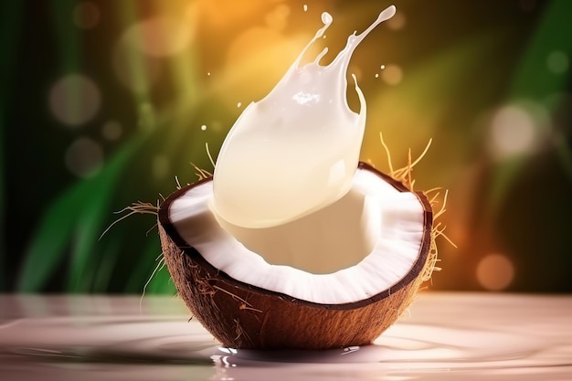 Coconut milk splash on blurred tropical background Ai Cracked coconut with milk splash