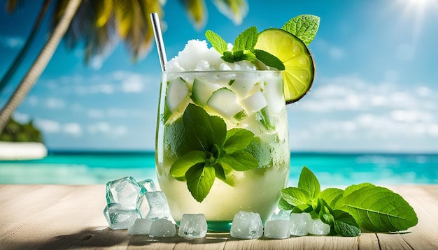 A coconut mojito with muddled mint leaves coconut rum and coconut cream served over crushed ice