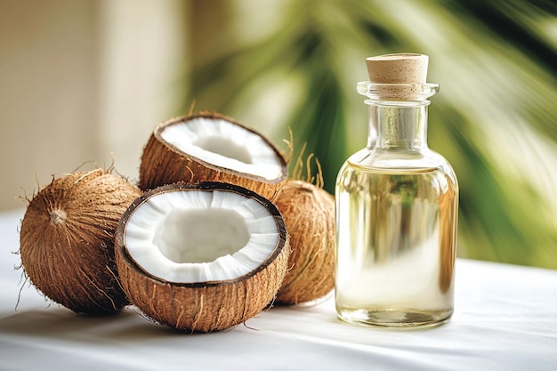 coconut oil next to coconuts on a table