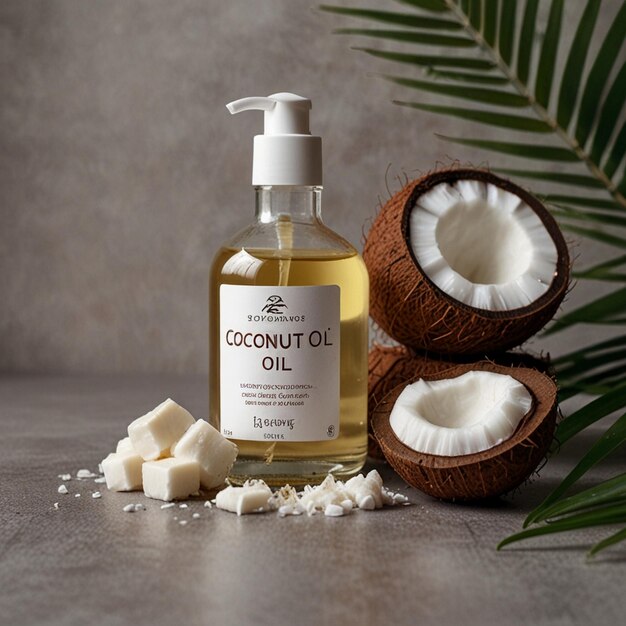 Photo coconut oil and fresh coconut on white background ai gnerative