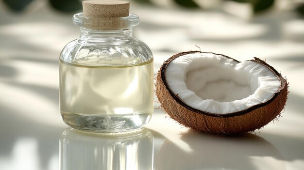 Photo coconut oil shines in a jar next to its natural shell with gentle sunlight illuminating