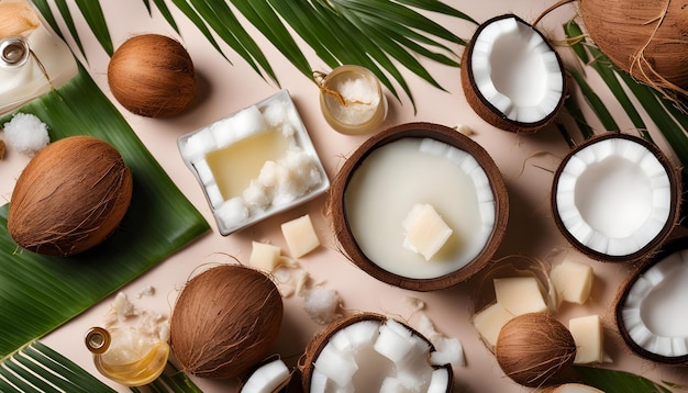 coconut oil with coconuts and coconuts on a table