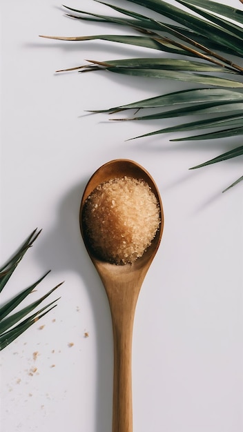 Photo coconut palm sugar on a wooden spoon isolated on white background