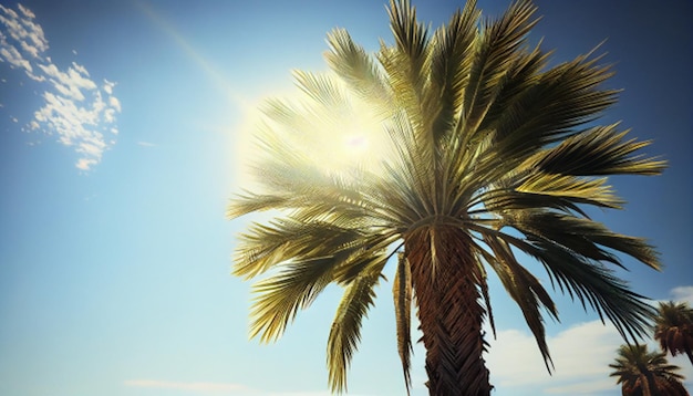 Coconut palm tree in perspective view from below and sky