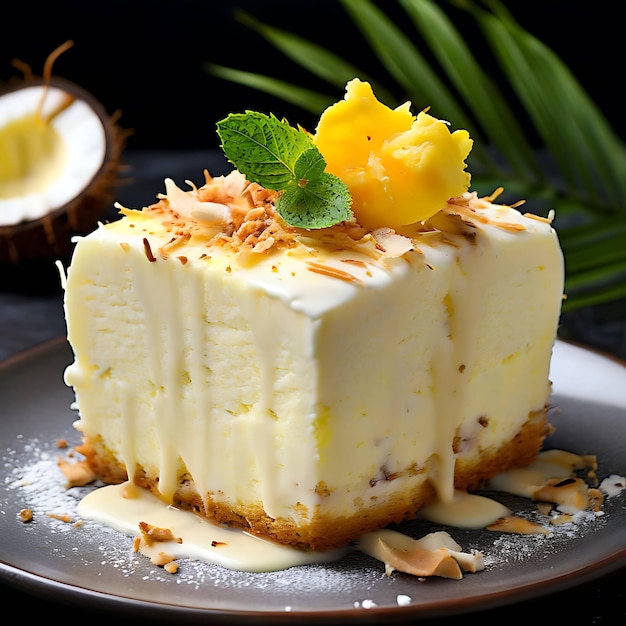 Photo coconut and pineapple cheesecake with white chocolate drizzle