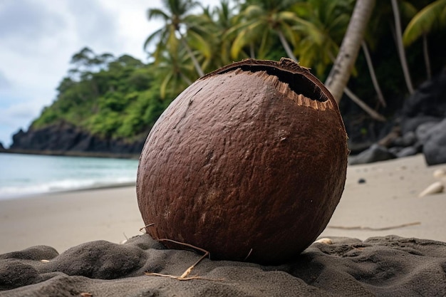 Coconut positioned by a sandy lagoon