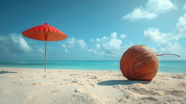 Coconut and Red Umbrella on Tropical Beach