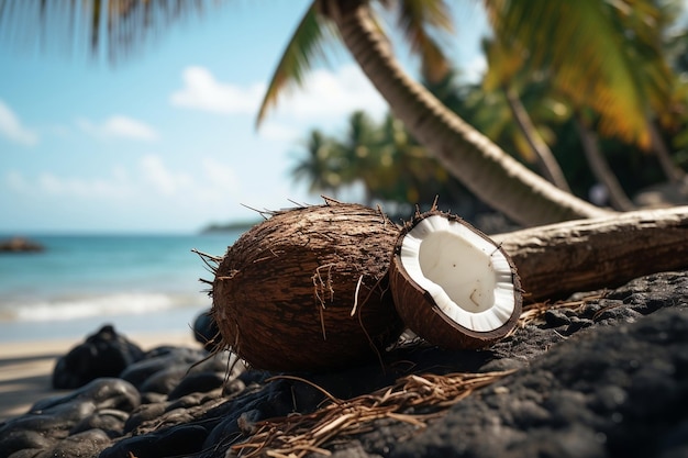 Coconut Resting on a Beach Surrounded by Palm Trees with Ocean Breeze Generative Ai