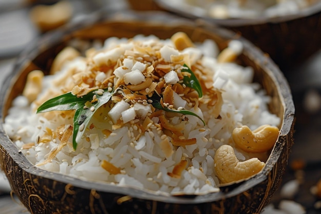 Coconut rice in a shell garnished to perfection invites freshness and flavor