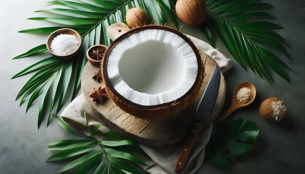 Photo coconut and rich coconut milk highlighted against a pristine white backdrop