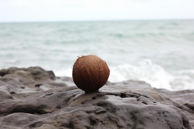 Coconut set on a rocky cliff by the sea