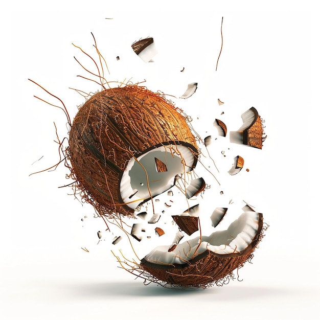 A coconut shell breaking apart revealing its inner texture and fibers