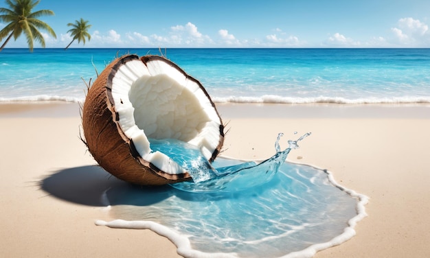 Coconut shell filled with water on a sandy beach