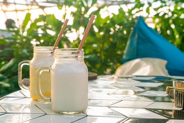 Coconut Smoothie Jar on table - healthy drink