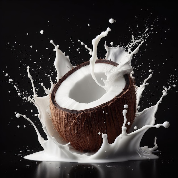 coconut and splash isolated on black