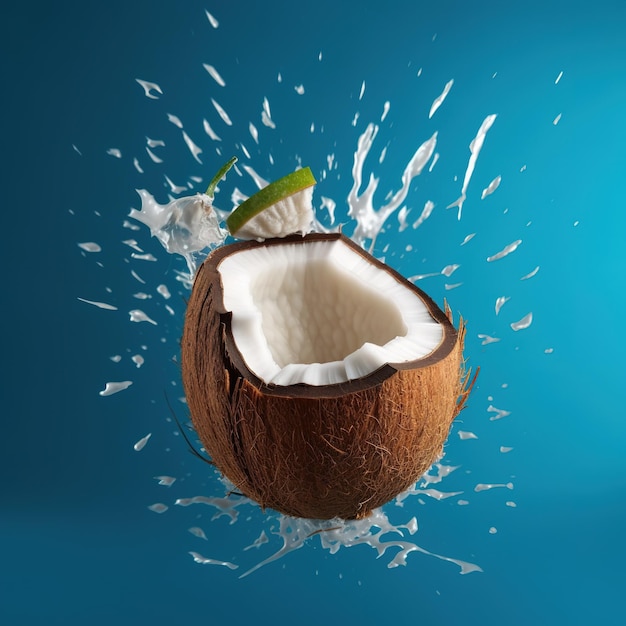 A coconut splashing into a blue background with a coconut splashing out of it.