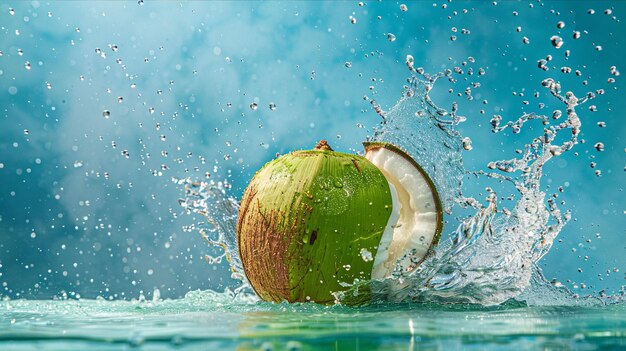 Photo a coconut splashing into the water with a splash of water splashing around it