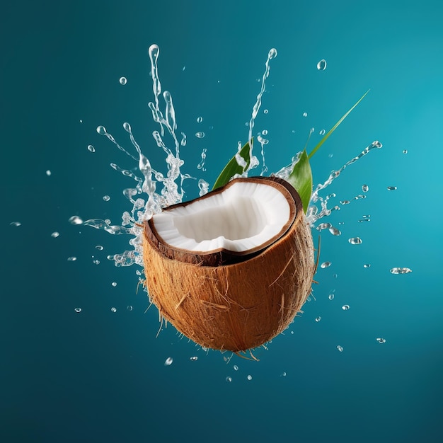 A coconut splashing with water drops on it