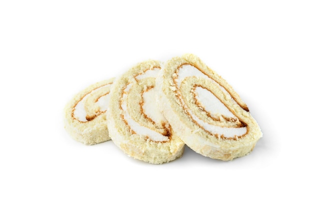 Coconut sponge cake roll biscuit isolated on white background.