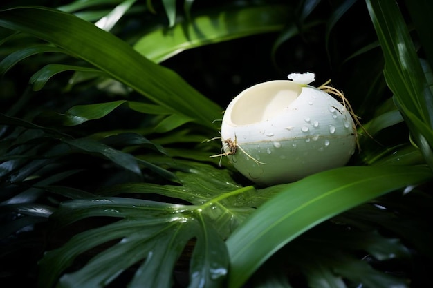 Coconut surrounded by lush foliage