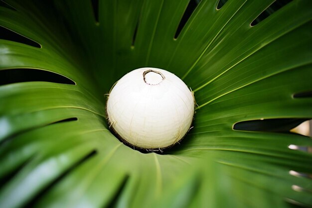 Coconut surrounded by tropical plants