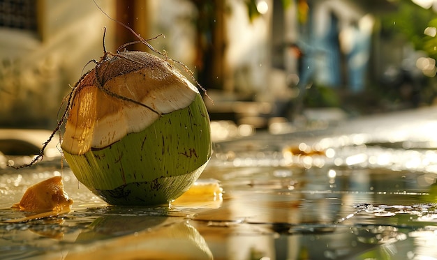 a coconut that is sitting on a wet surface