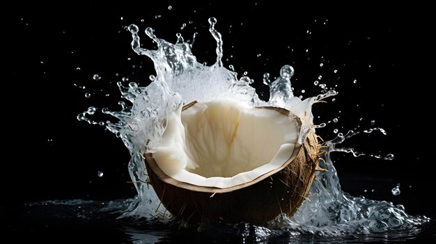 Photo coconut thrown into the water on black background