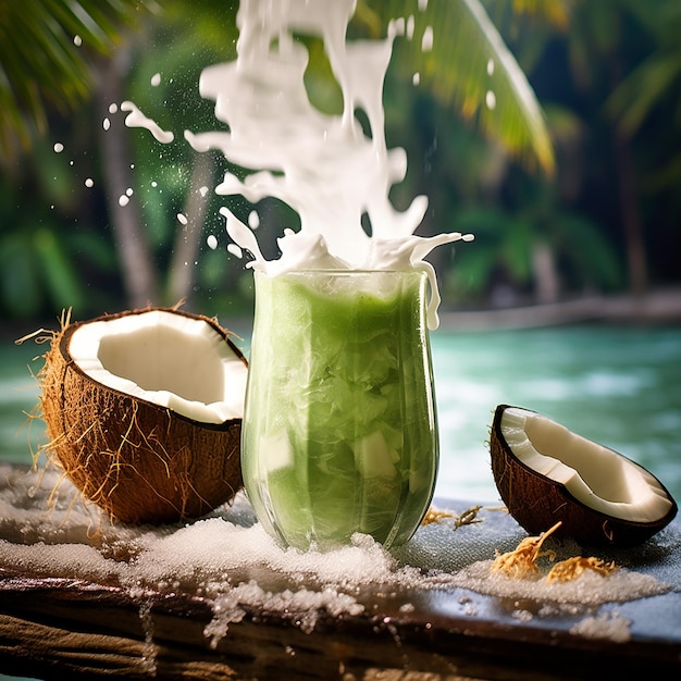 coconut water being poured into a glass with coconuts in it.