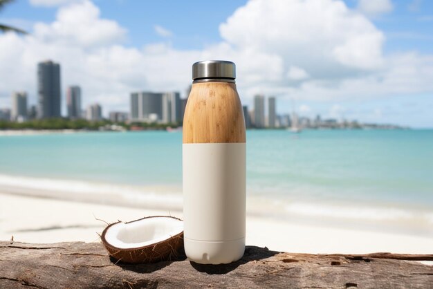 Photo a coconut water bottle with a tropical island in