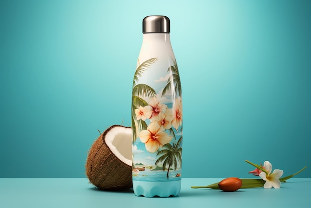 Photo a coconut water bottle with a tropical landscape