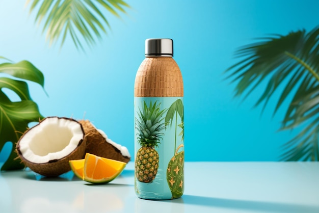 Photo a coconut water bottle with a vibrant tropical d