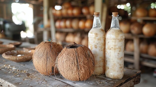 Photo coconut water bottles and dried coconut shells in a tropical workshop